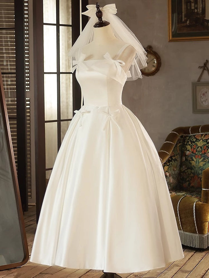 A-Line/Princess Spaghetti Straps Sleeveless Tea-Length Pleated Wedding Dresses with Bows & Lace-up