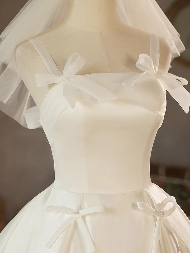 A-Line/Princess Spaghetti Straps Sleeveless Tea-Length Pleated Wedding Dresses with Bows & Lace-up