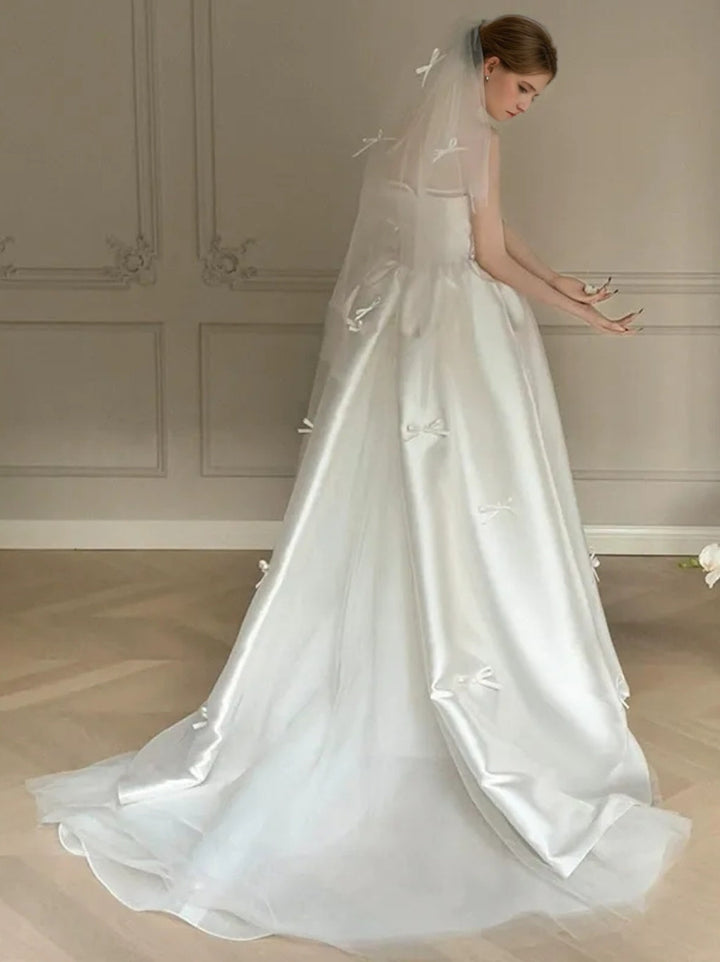 Ball Gown Off-the-shoulder Sleeveless Floor-Length Wedding Dresses with Tulle & Bows