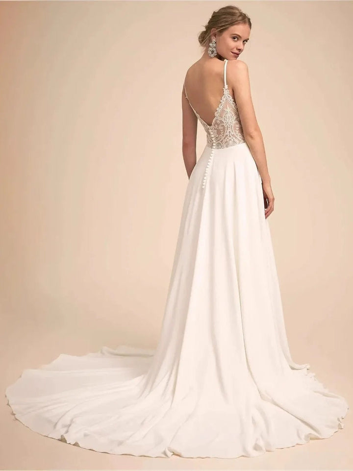 A-Line/Princess Spaghetti Straps Sleeveless Sweep Train Wedding Dresses with Lace Appliques & Buttons