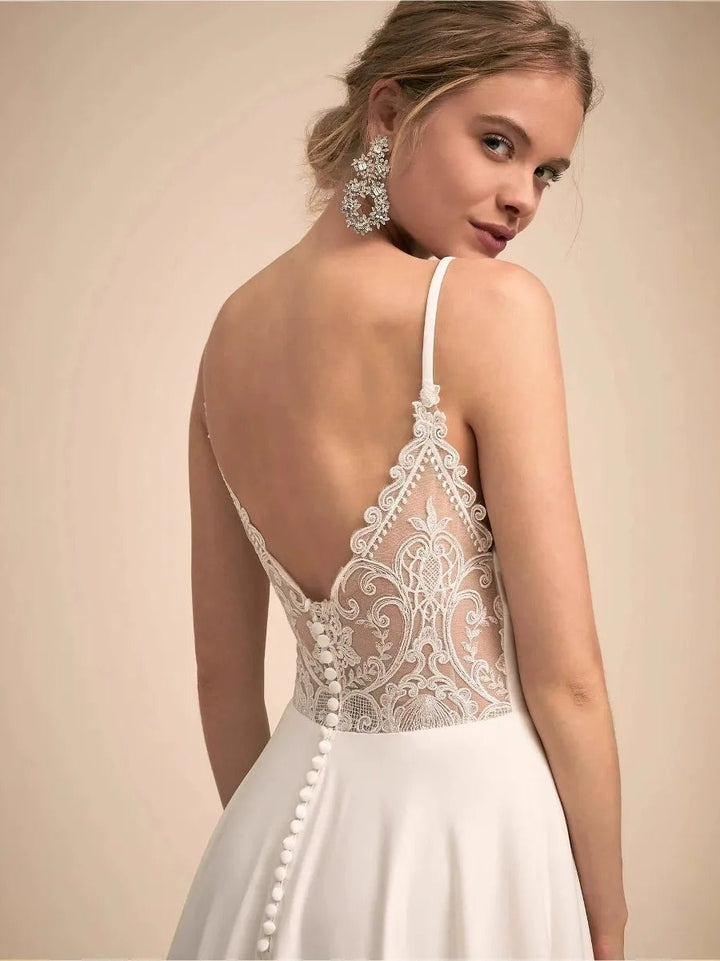 A-Line/Princess Spaghetti Straps Sleeveless Sweep Train Wedding Dresses with Lace Appliques & Buttons