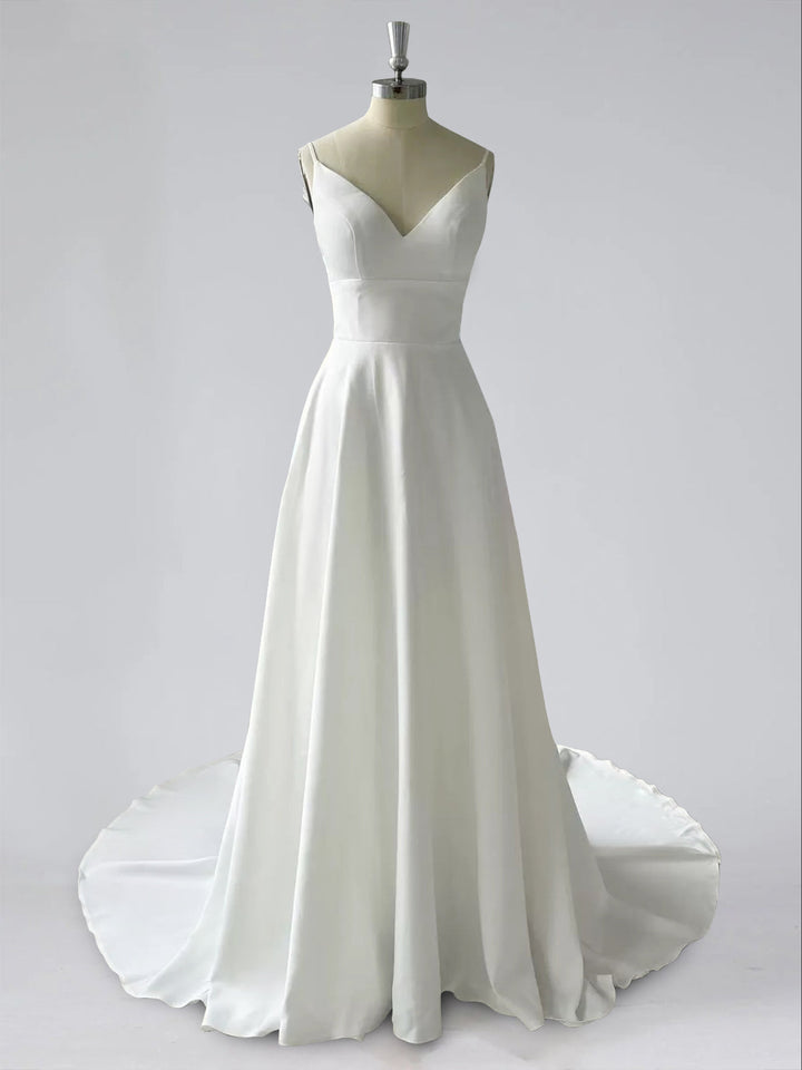 A-Line/Princess Spaghetti Straps Sleeveless Sweep Train Wedding Dresses with Lace Appliques & Buttons
