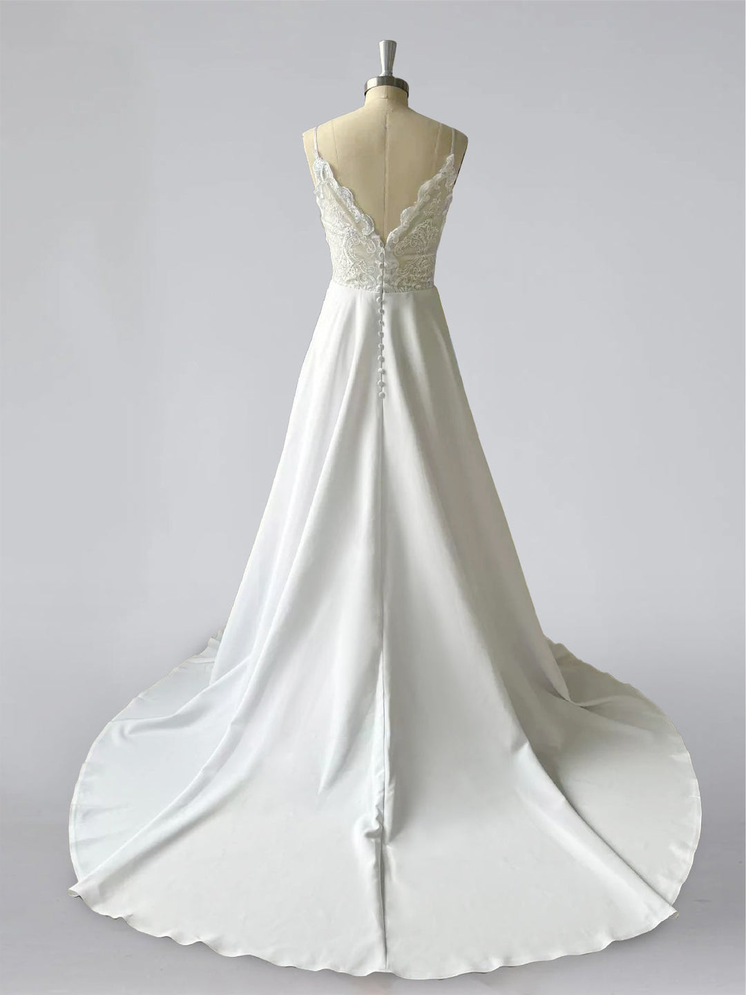 A-Line/Princess Spaghetti Straps Sleeveless Sweep Train Wedding Dresses with Lace Appliques & Buttons