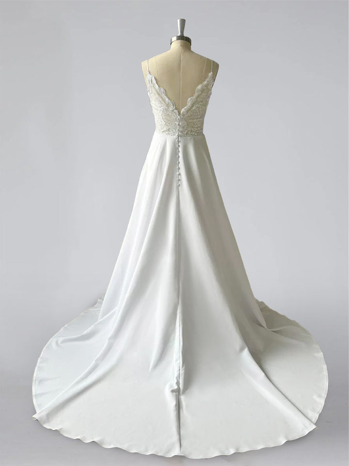 A-Line/Princess Spaghetti Straps Sleeveless Sweep Train Wedding Dresses with Lace Appliques & Buttons