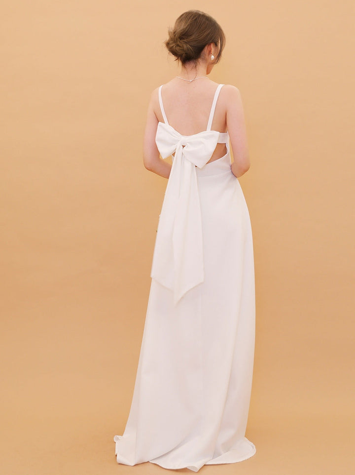 A-Line/Princess Spaghetti Straps Sleeveless Floor-Length Wedding Dresses with Bow