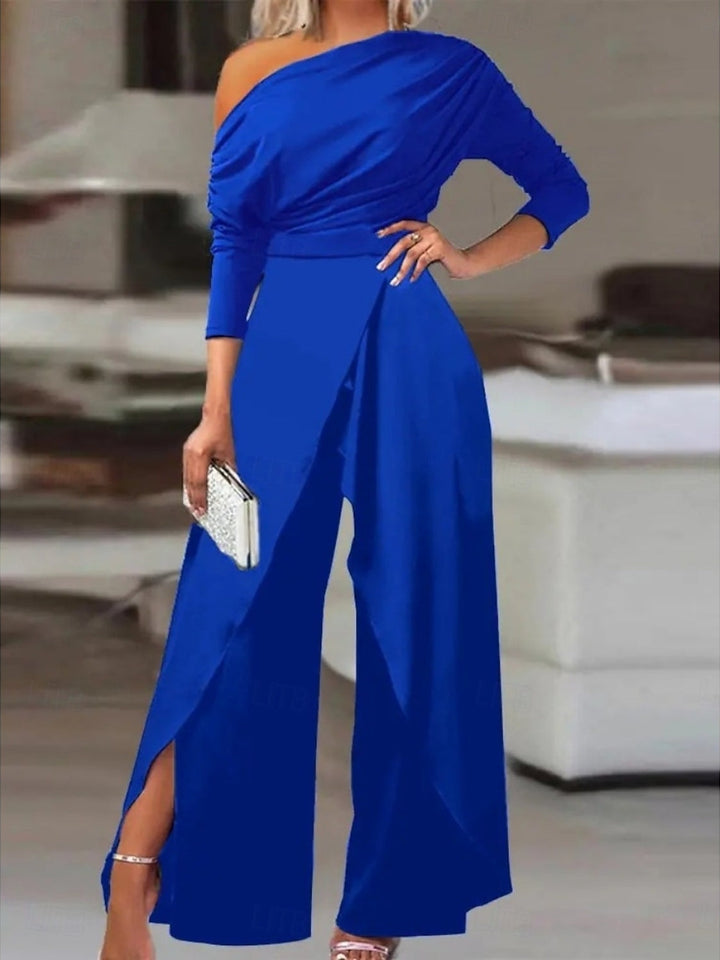 One-shoulder 3/4 Sleeves Ankle-Length Ruched Wedding Guest Jumpsuits with High Front Slit