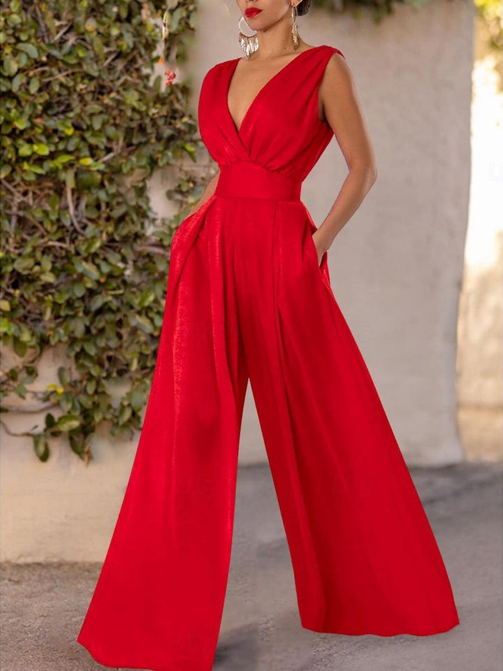 Plunge V-Neck Sleeveless Floor-Length Ruched Wedding Guest Jumpsuits with Pleats & Pockets