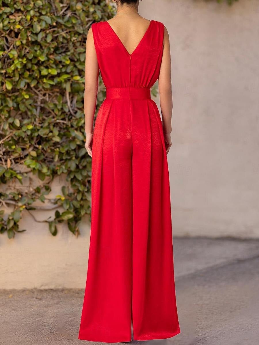 Plunge V-Neck Sleeveless Floor-Length Ruched Wedding Guest Jumpsuits with Pleats & Pockets