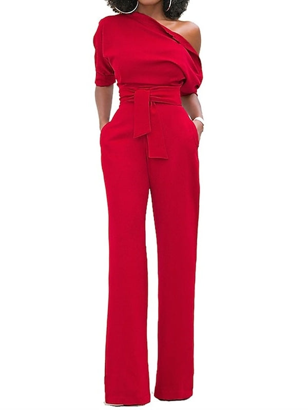 One-shoulder Half Sleeves Floor-Length Wedding Guest Jumpsuits with Self-tie Sash & Pockets