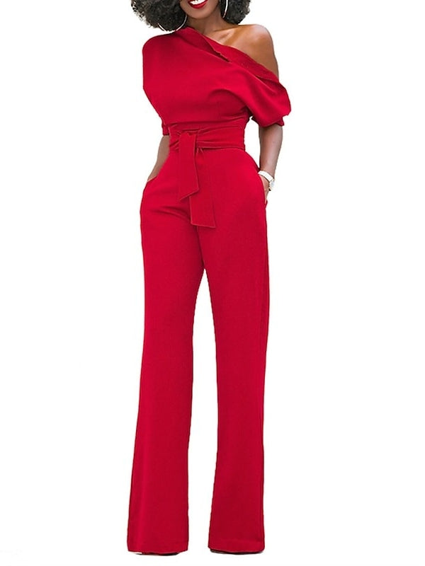 One-shoulder Half Sleeves Floor-Length Wedding Guest Jumpsuits with Self-tie Sash & Pockets