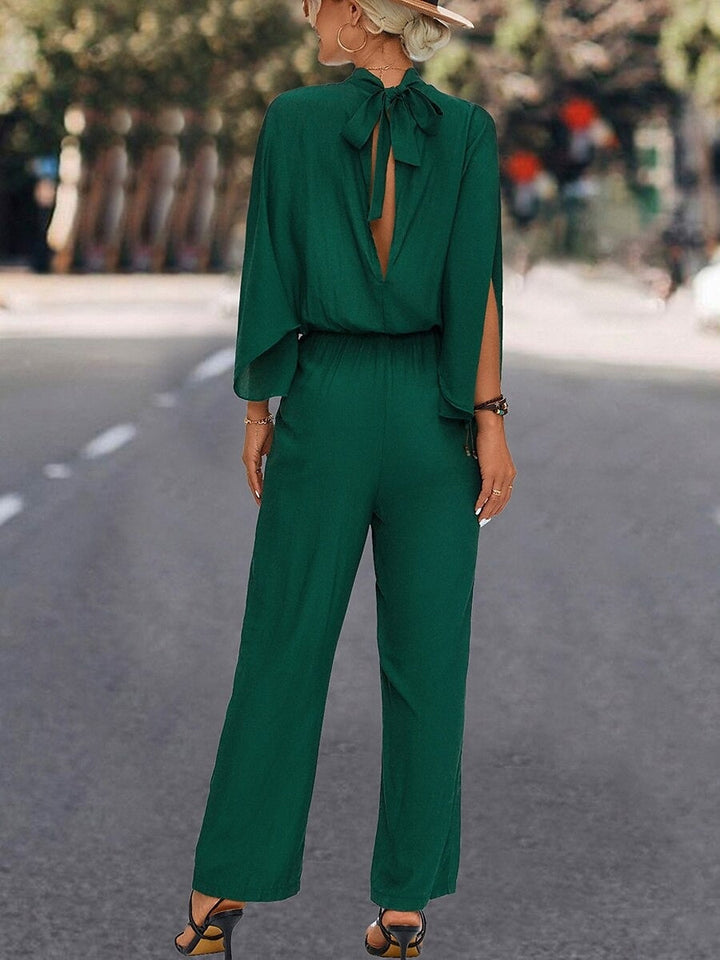 High Neck Cape Sleeves Ankle-Length Pleated Wedding Guest Jumpsuits with Self-tie