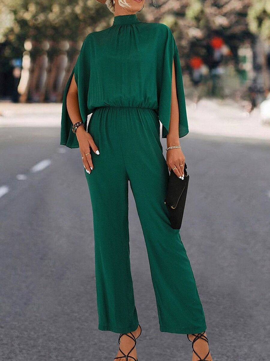 High Neck Cape Sleeves Ankle-Length Pleated Wedding Guest Jumpsuits with Self-tie