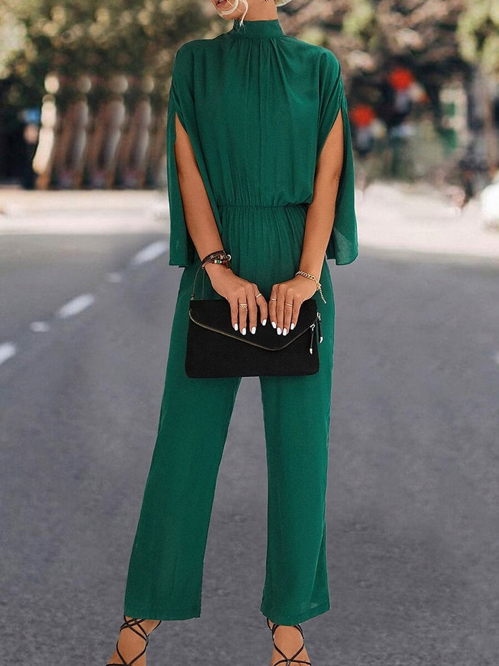 High Neck Cape Sleeves Ankle-Length Pleated Wedding Guest Jumpsuits with Self-tie