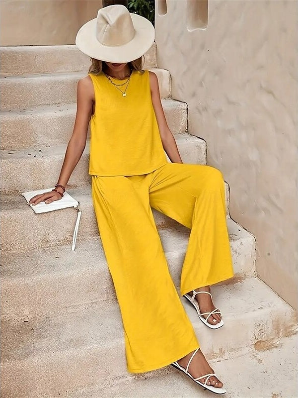2 Pieces Jewel Neck Sleeveless Ankle-Length Wedding Guest Pantsuits with Pockets