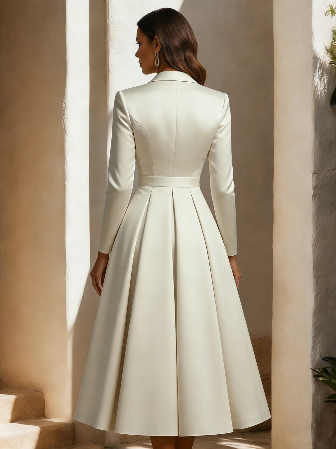 A-Line/Princess Shirt Collar Satin Wedding Dress with Sash Tea-length Long Sleeves