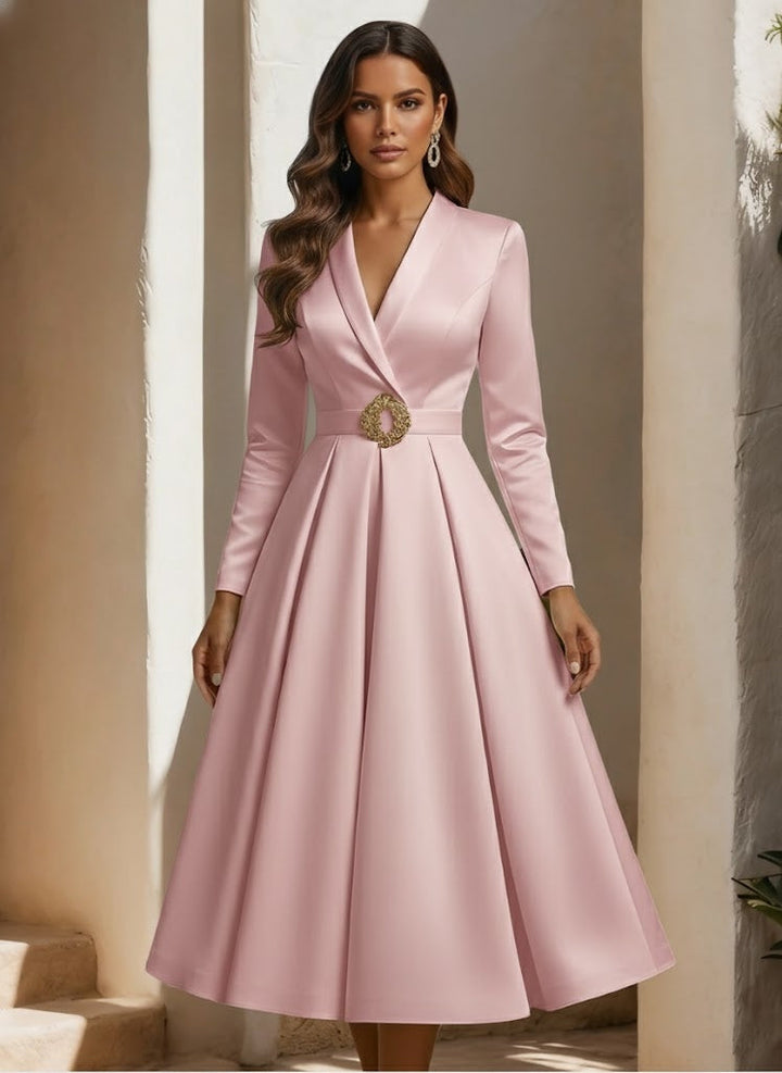 A-Line/Princess Shirt Collar Satin Wedding Dress with Sash Tea-length Long Sleeves
