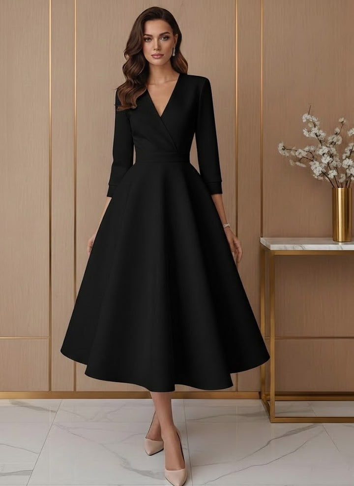 A-Line/Princess V-Neck Satin Wedding Dress Tea-length 3/4 Sleeves