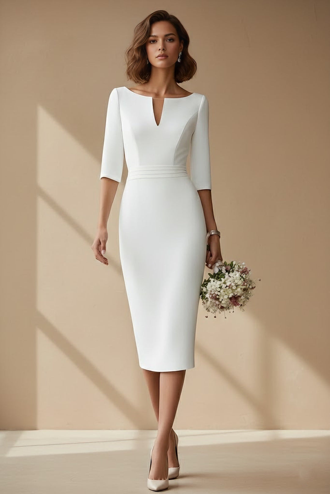 Sheath/Column Cowl Neck Satin Wedding Dress Tea-length Half Sleeves Sash
