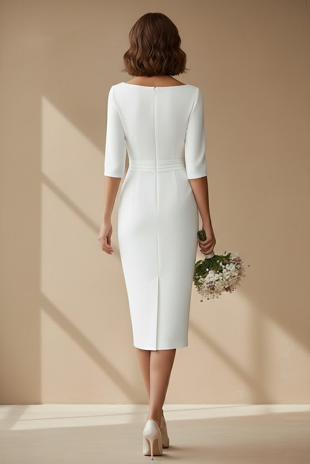 Sheath/Column Cowl Neck Satin Wedding Dress Tea-length Half Sleeves Sash