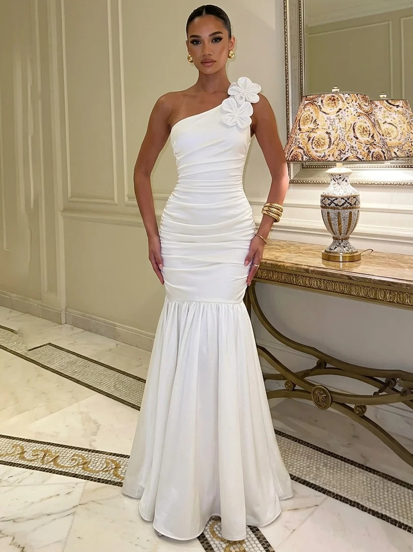 Trumpet/Mermaid One-Shoulder Satin Wedding Dresses Sleeveless Floor-Length 3D Flowers