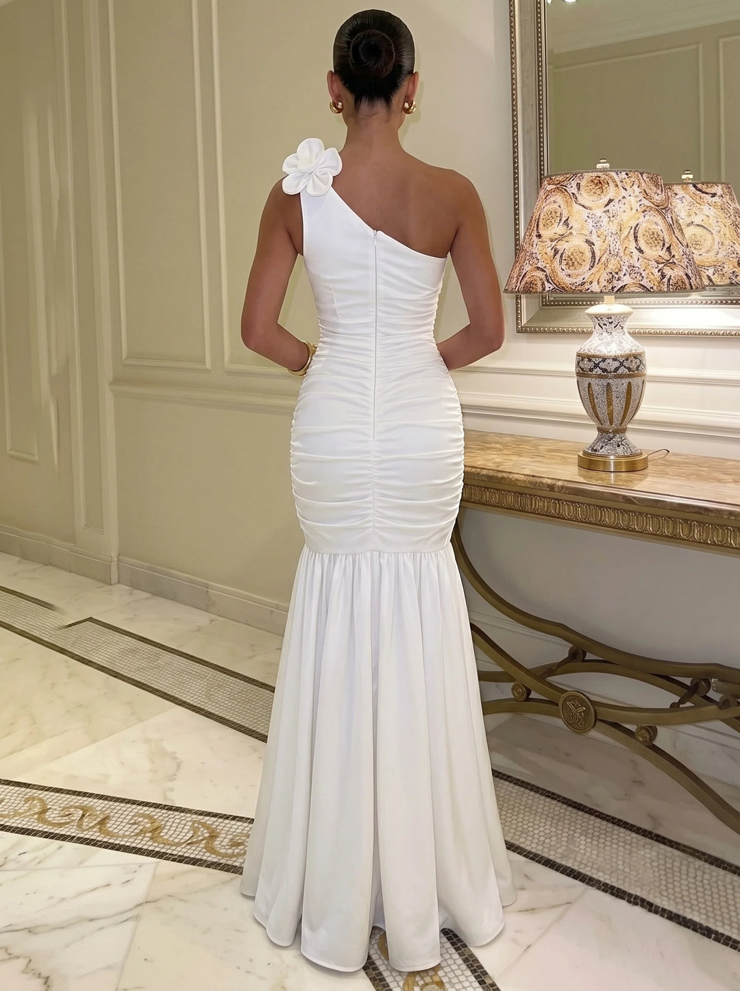 Trumpet/Mermaid One-Shoulder Satin Wedding Dresses Sleeveless Floor-Length 3D Flowers