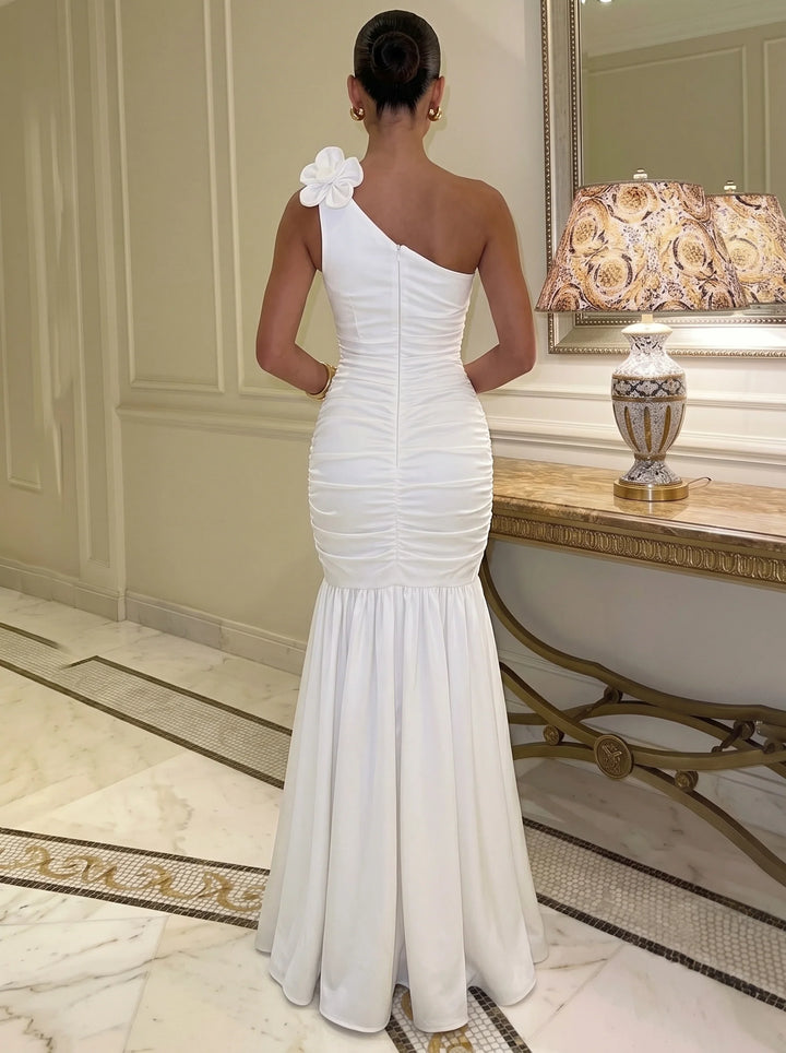 Trumpet/Mermaid One-Shoulder Satin Wedding Dresses Sleeveless Floor-Length 3D Flowers
