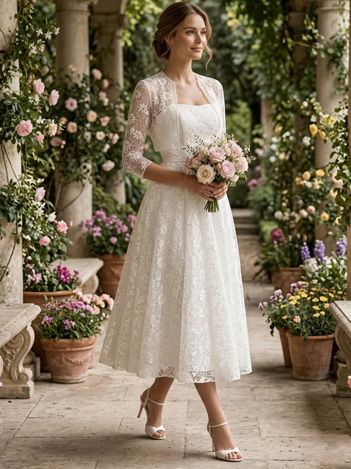 2 Pieces A-Line/Princess Strapless Lace Wedding Dresses Sleeveless Tea-Length with Jacket