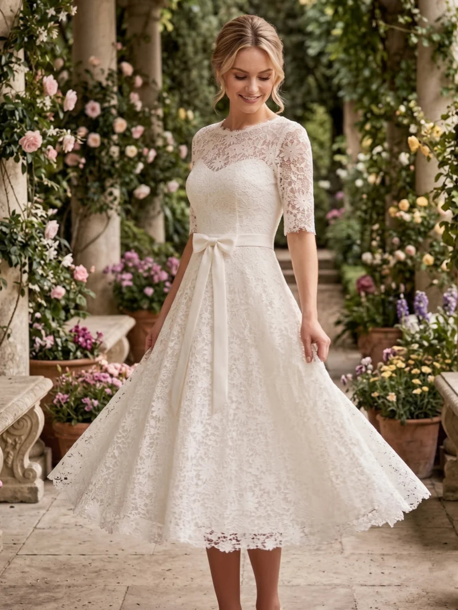 A-Line/Princess Jewel Neck Lace Wedding Dresses Half Sleeves Tea-Length Bowknot Belt