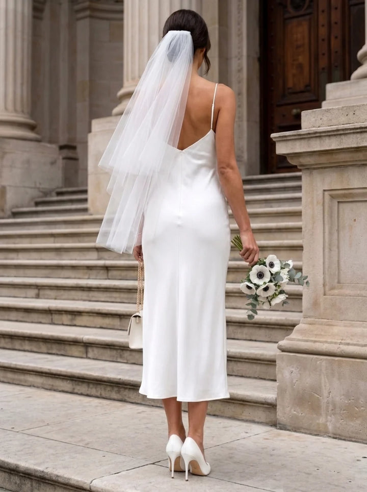 Sheath/Column Spaghetti Straps Silk Satin Wedding Dresses Sleeveless Tea-Length
