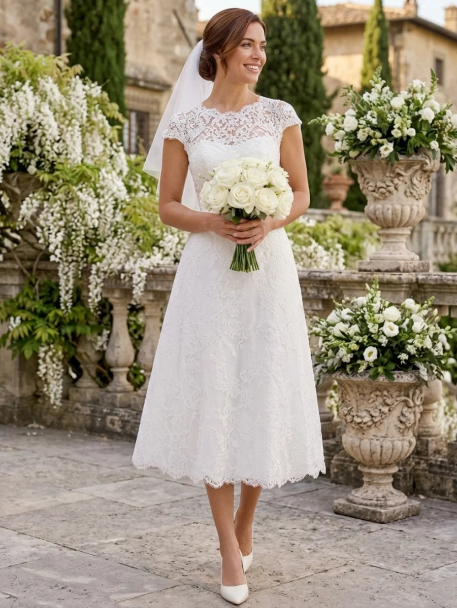 A-Line/Princess Jewel Neck Lace Wedding Dresses Cap Sleeves Tea-Length Floral Hollow