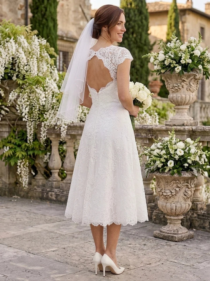 A-Line/Princess Jewel Neck Lace Wedding Dresses Cap Sleeves Tea-Length Floral Hollow