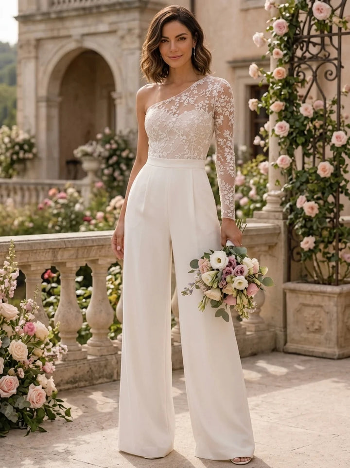 Jumpsuits One-Shoulder Stretch Satin Wedding Dresses Lace Long Sleeve Floor-Length Floral