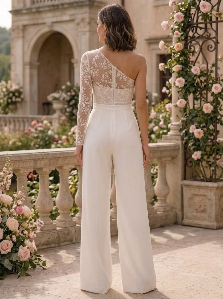 Jumpsuits One-Shoulder Stretch Satin Wedding Dresses Lace Long Sleeve Floor-Length Floral