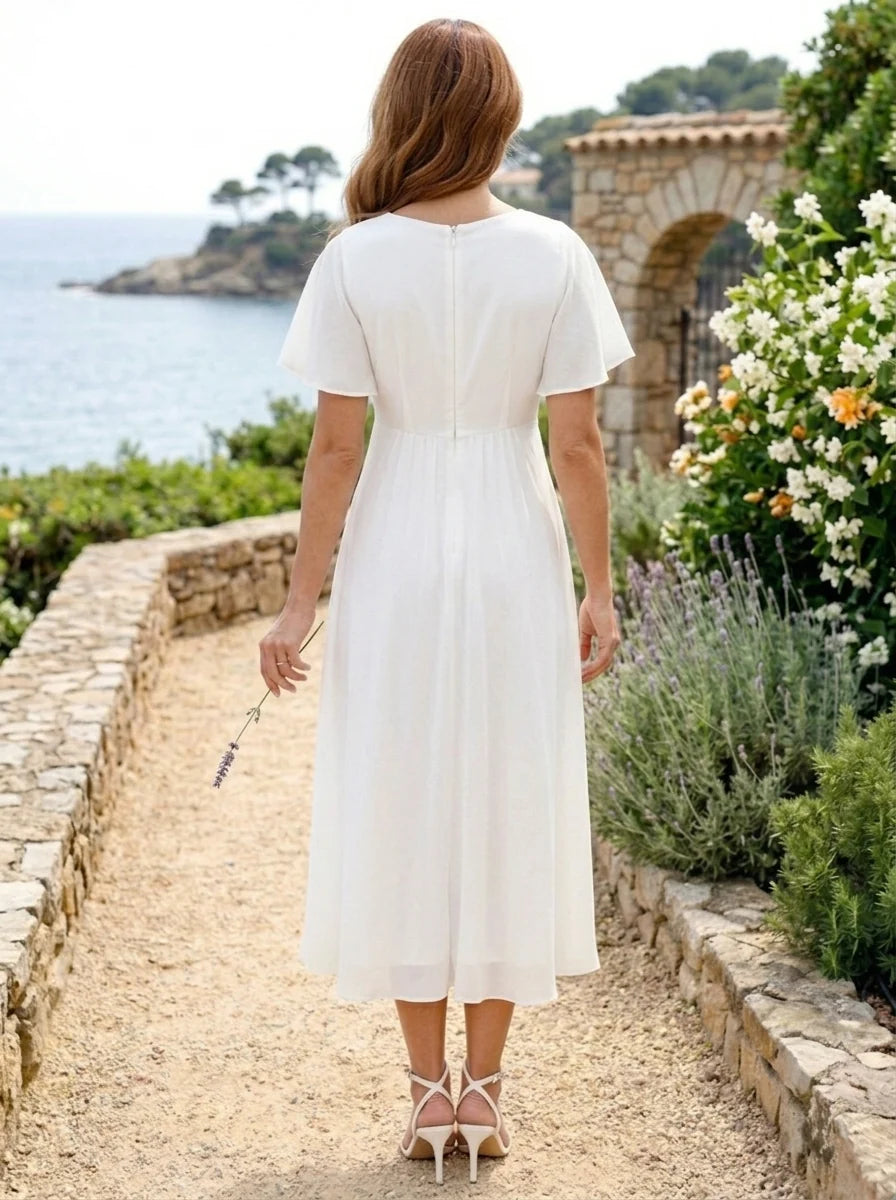 A-Line/Princess V-Neck Chiffon Wedding Dresses Short Sleeves Tea-Length Ruched