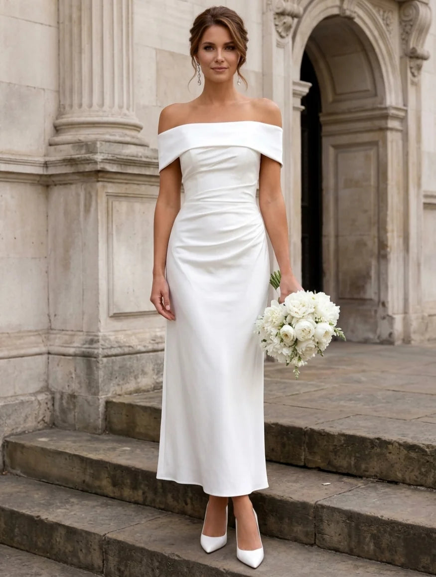 Sheath/Column Off-the-Shoulder Satin Wedding Dresses Sleeveless Ankle-Length