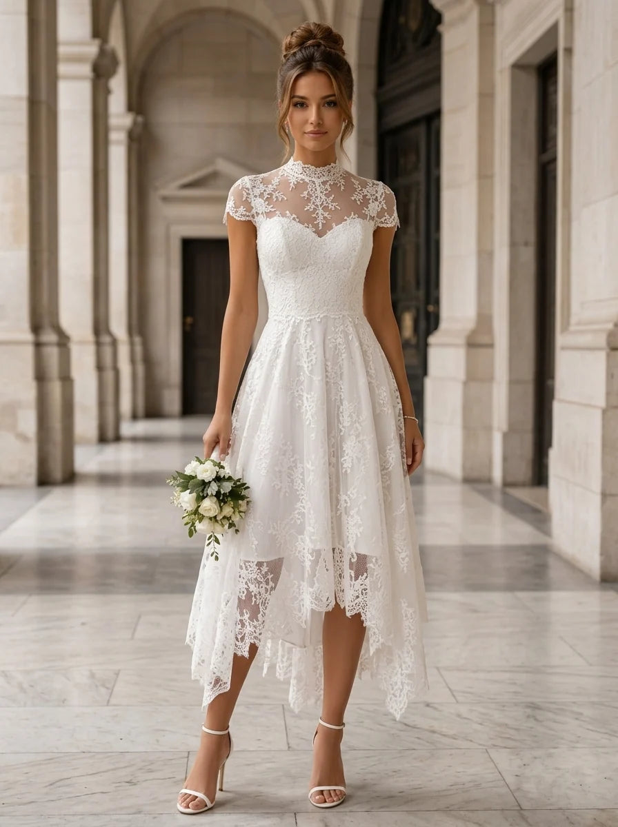 A-Line/Princess Mock Neck Lace Wedding Dresses Short Sleeves Asymmetrical Tea-Length Floral