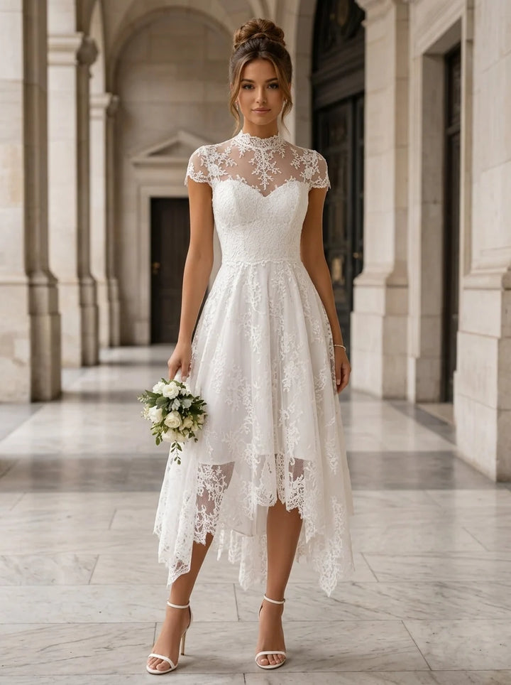 A-Line/Princess Mock Neck Lace Wedding Dresses Short Sleeves Asymmetrical Tea-Length Floral