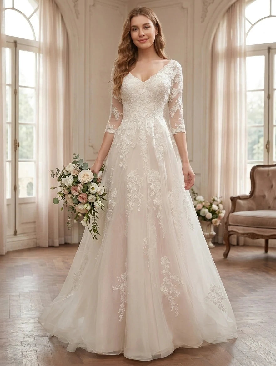 A-Line/Princess V-Neck Lace Floral Wedding Dresses 3/4 Sleeves Floor-Length