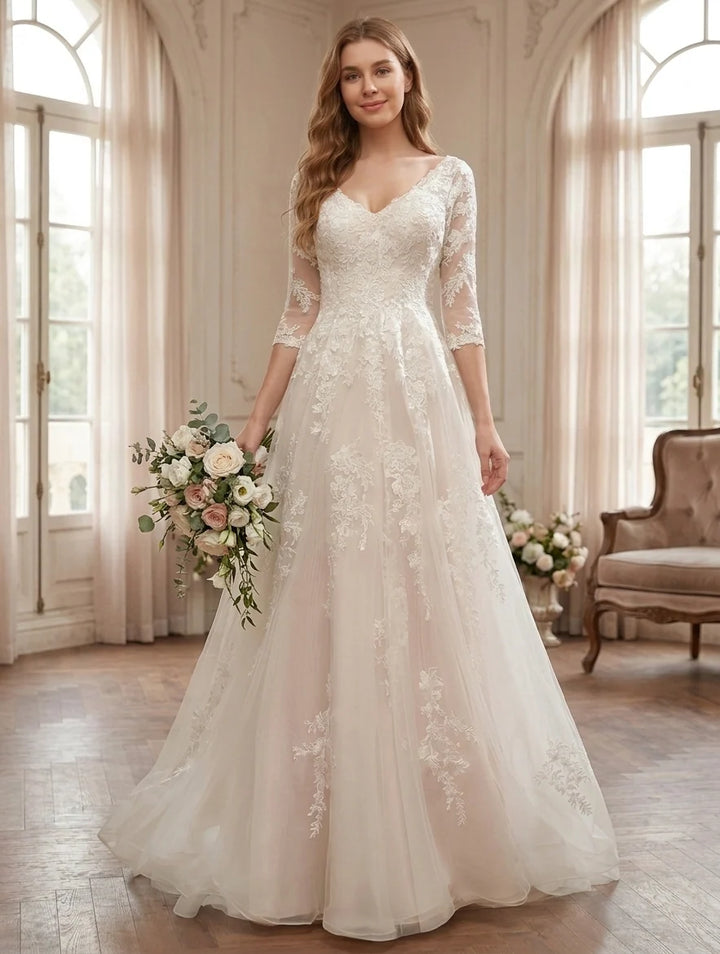 A-Line/Princess V-Neck Lace Floral Wedding Dresses 3/4 Sleeves Floor-Length