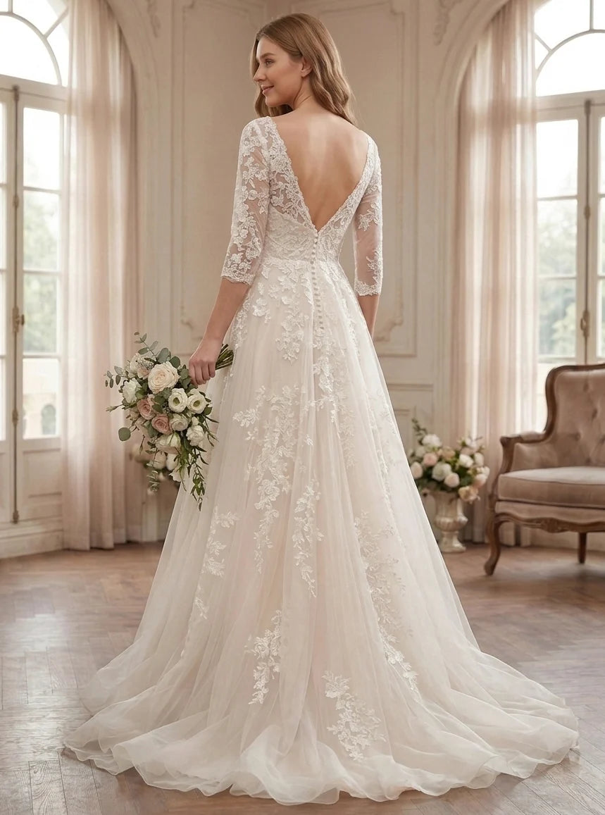 A-Line/Princess V-Neck Lace Floral Wedding Dresses 3/4 Sleeves Floor-Length