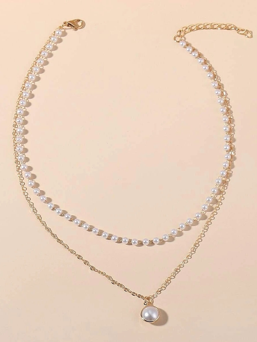 Imitation Pearl Chrome Necklace for Wedding Valentine's Day Daily Double Layered Necklace Wedding Jewelry