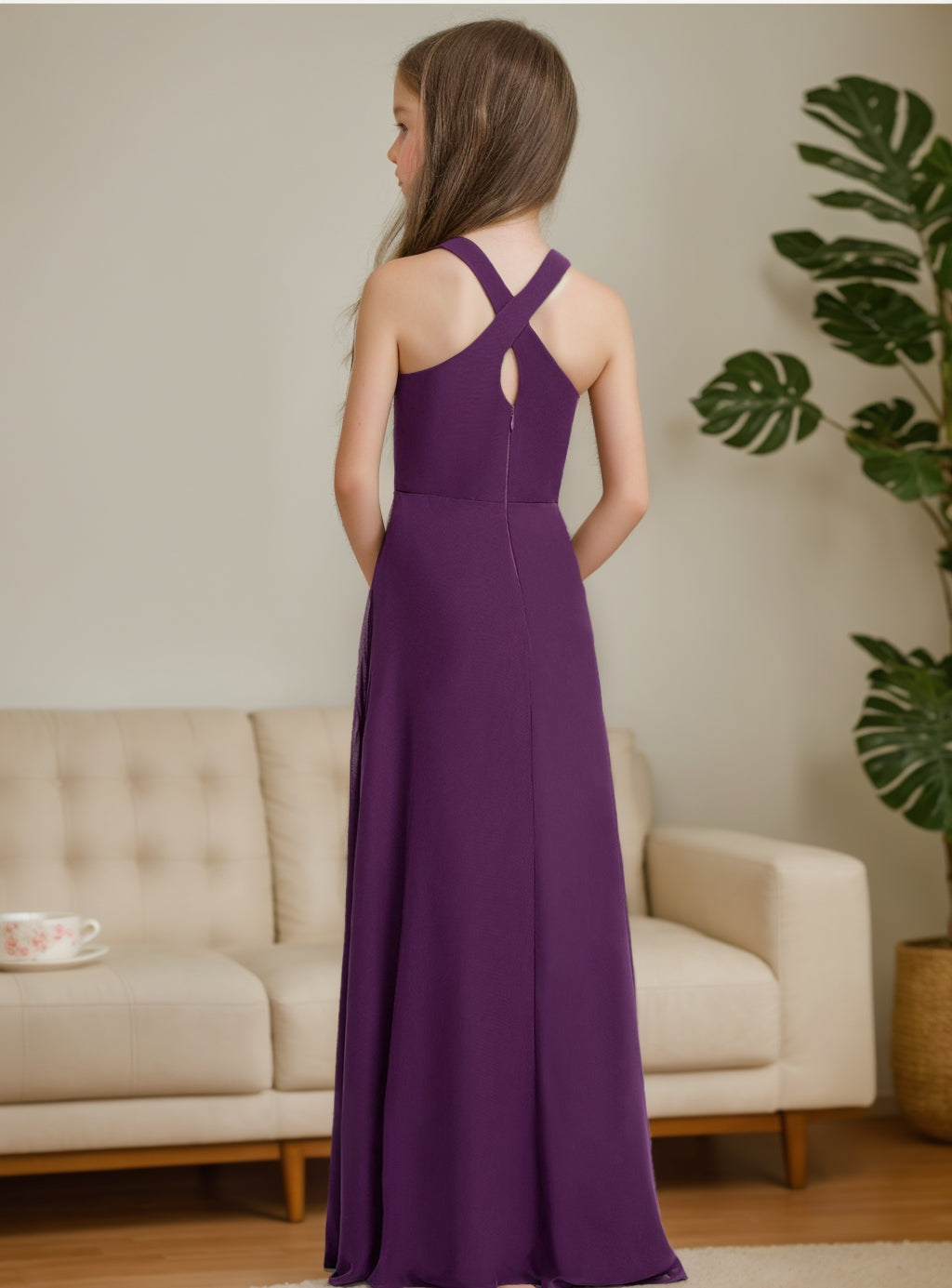 A-Line/Princess Halter Sleeveless Floor-Length Junior Bridesmaid Dress