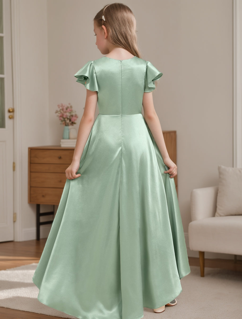 A-Line/Princess V-Neck Short Sleeves High Low Junior Bridesmaid Dresses With Pleated