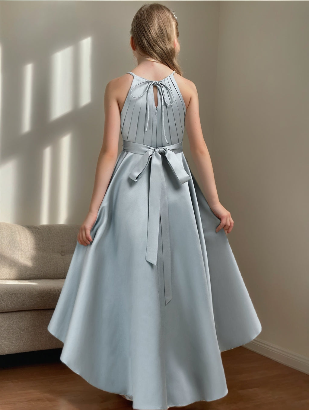 A-Line/Princess Halter Sleeveless High Low Junior Bridesmaid Dress With Pleats