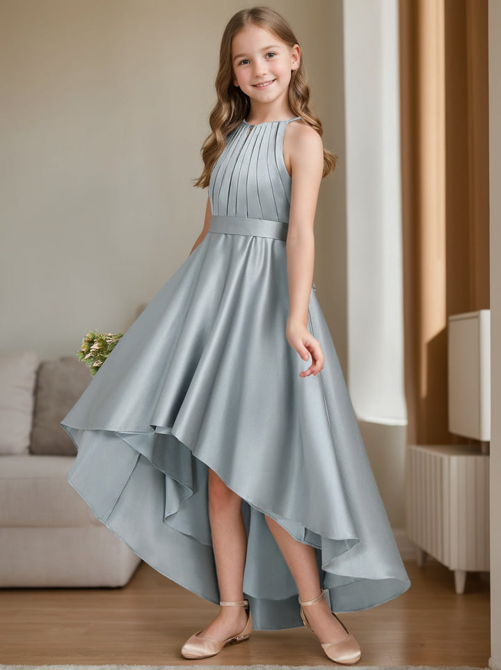 A-Line/Princess Halter Sleeveless High Low Junior Bridesmaid Dress With Pleats
