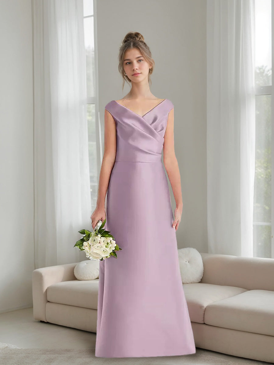 A-line/Princess V-neck Ruched Floor-Length Junior Bridesmaid Dress with Pockets
