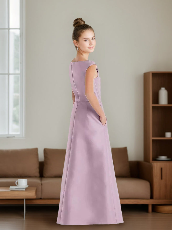 A-line/Princess V-neck Ruched Floor-Length Junior Bridesmaid Dress with Pockets