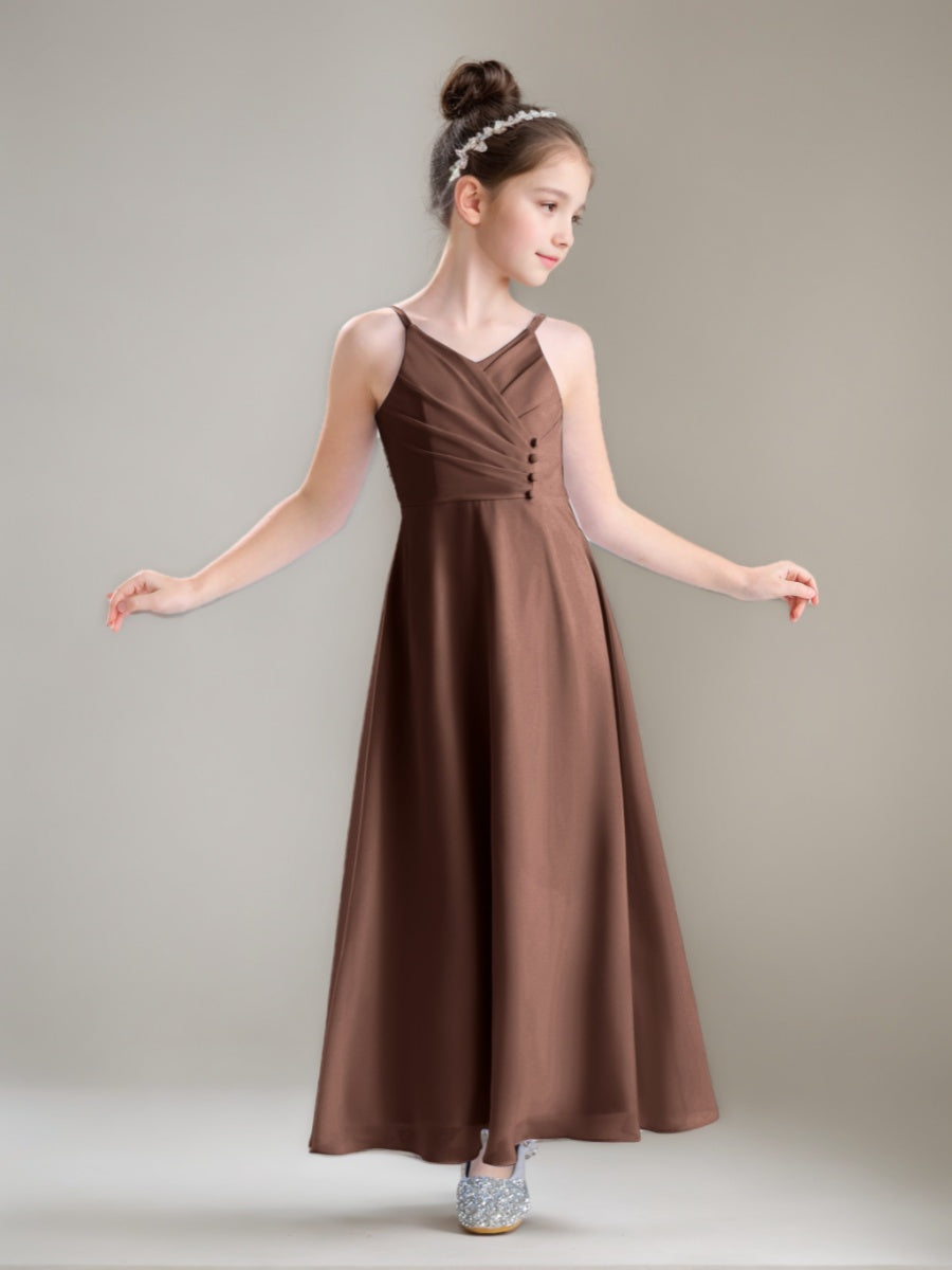 A-line/Princess Spaghetti Straps V-Neck Ruched Ankle-Length Junior Bridesmaid Dress