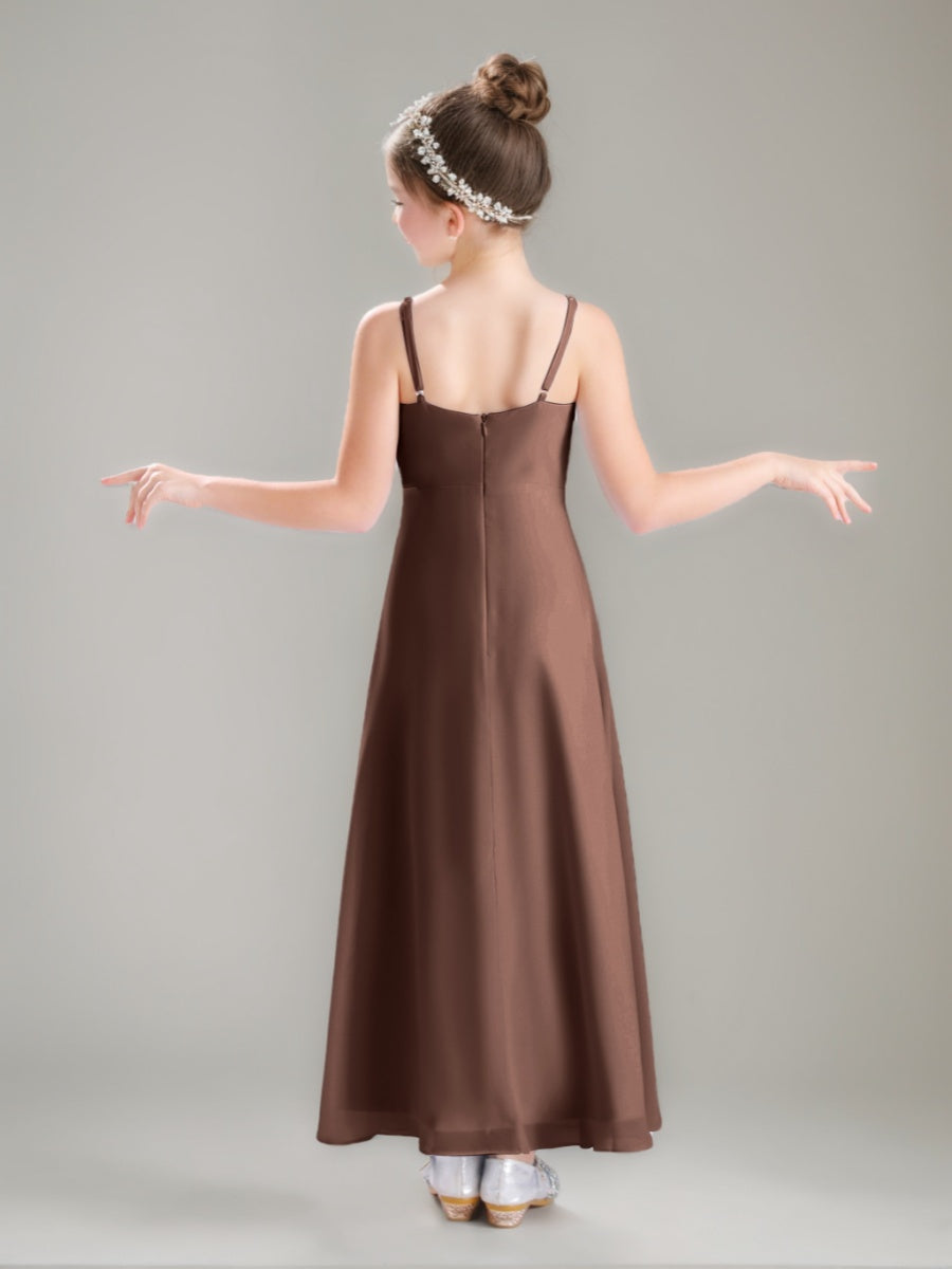 A-line/Princess Spaghetti Straps V-Neck Ruched Ankle-Length Junior Bridesmaid Dress