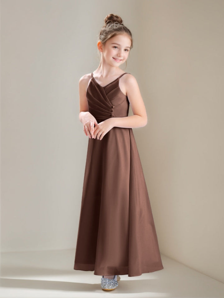 A-line/Princess Spaghetti Straps V-Neck Ruched Ankle-Length Junior Bridesmaid Dress